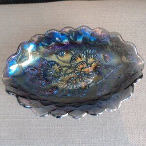 Carnival glass blue poppy dish